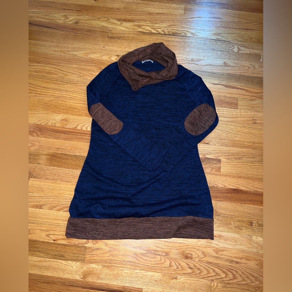 Styleworld Blue and Brown Tunic Sweater Dress with Cowl Neck